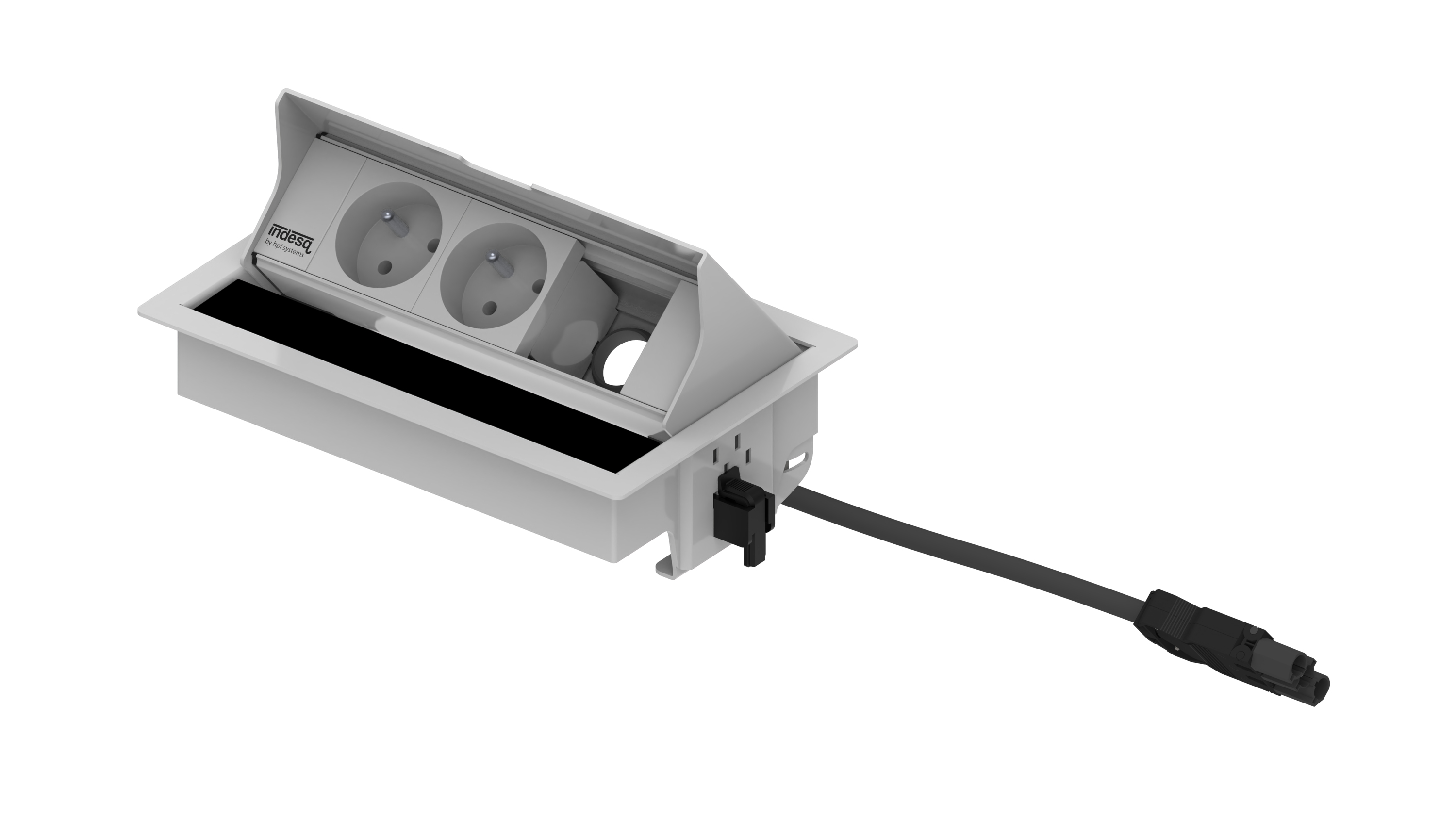 Prise encastrée Indesq Joule – 2 prises + 1 M45 vide – blanc